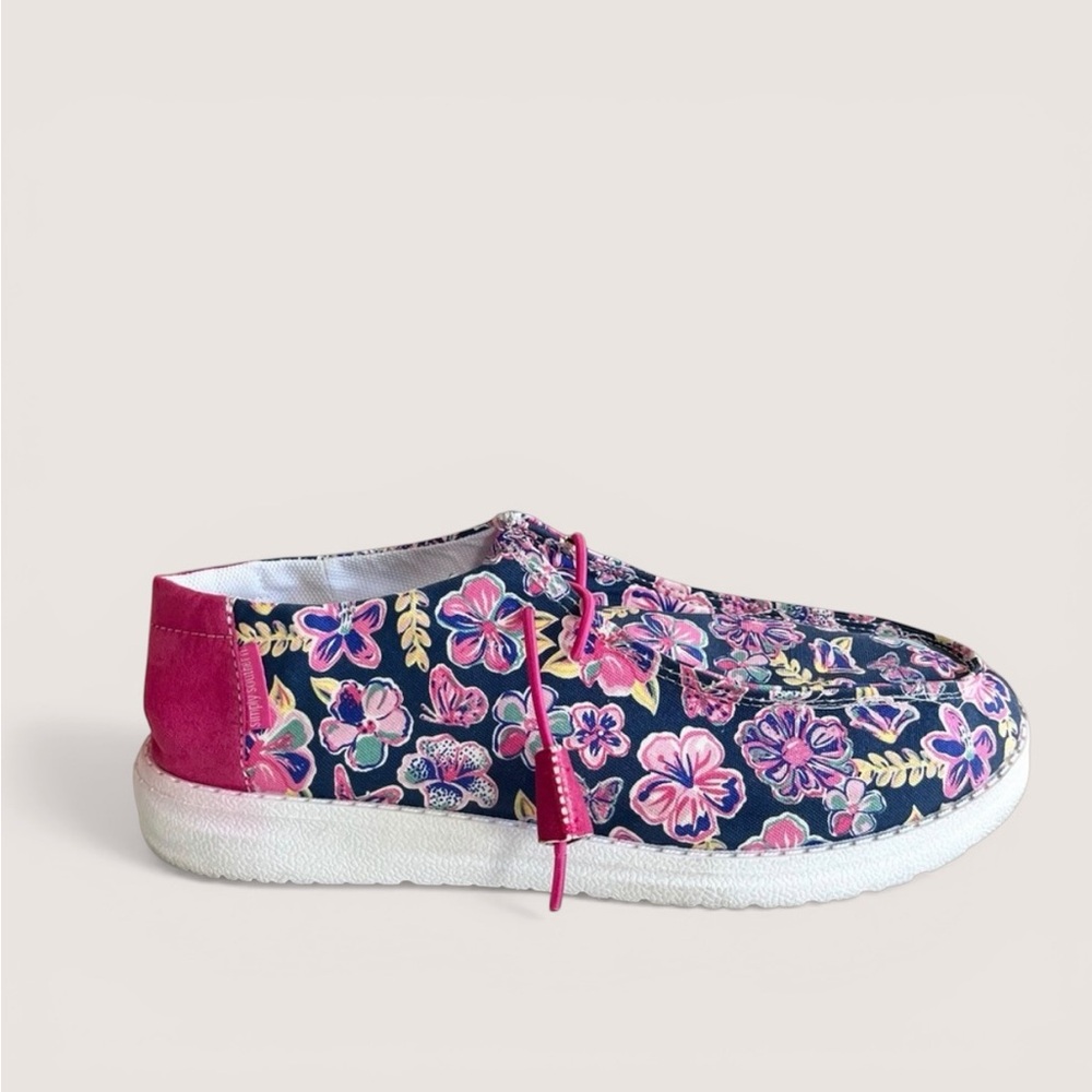 Simply Southern Navy Floral Slip-On Shoes with Pink Trim - Picture 13 of 16
